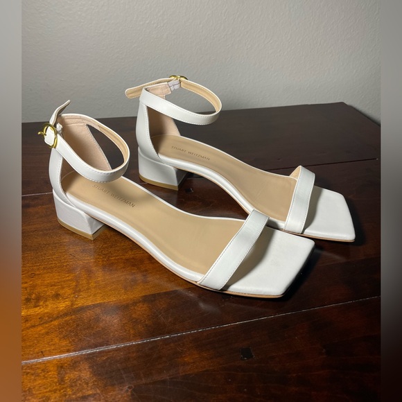 Stuart Weitzman "Nudistjune" White Leather Sandals with Square-toe, & Block Heel - Picture 1 of 10